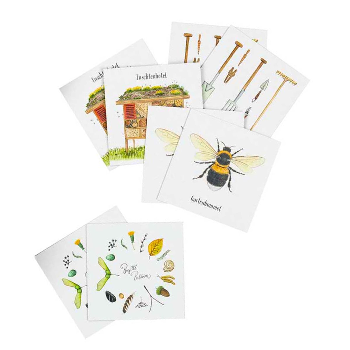Memory-Spiel 'Im Naturgarten' von Atelier Brigitte Baldrian mit Illustrationen von der Gartenhummel, Gartenwerkzeugen oder einem Insektenhotel