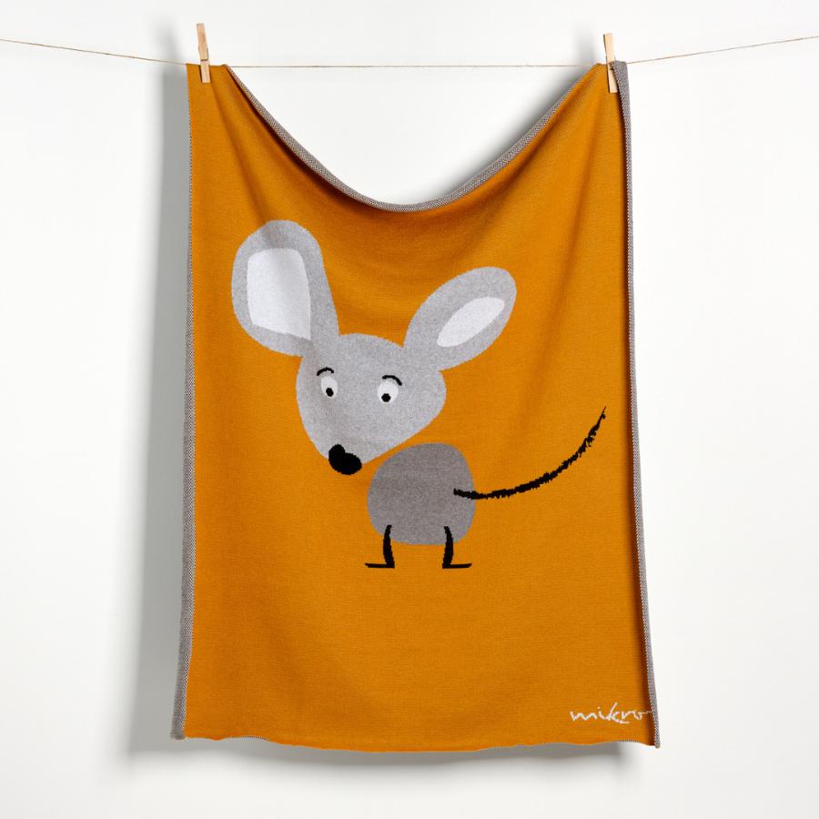 Baby und Kinder Strickdecke Maus Mikro, Orange Kuscheldecke mit grauer Maus