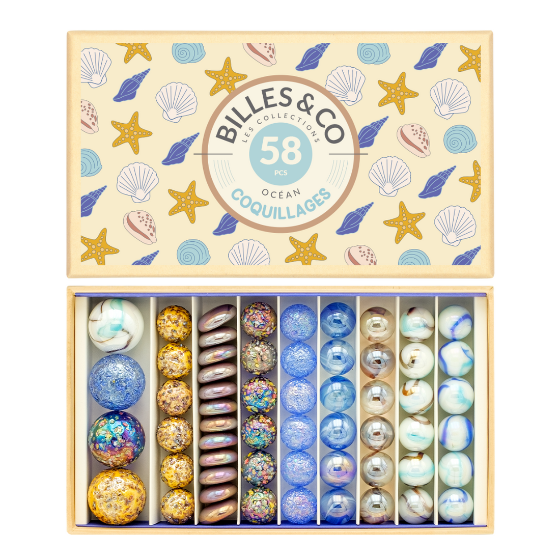 Murmelset mit farblich Sortierten Murmeln um Thema Muscheln