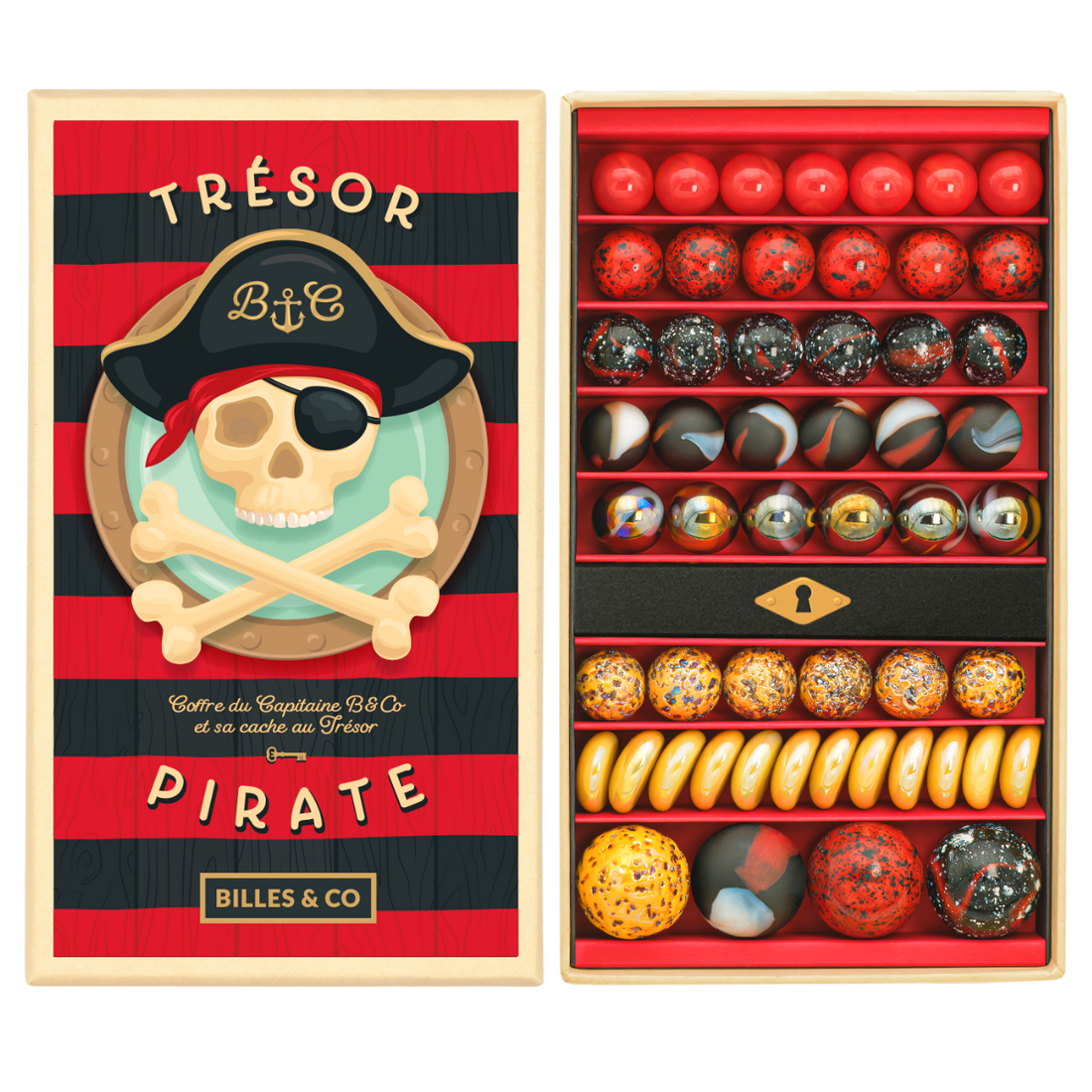 Murmelset von Billes & Co mit dem Thema Piratenschatz. Murmeln farblich sortiert in Schwarz, Rot und Gold